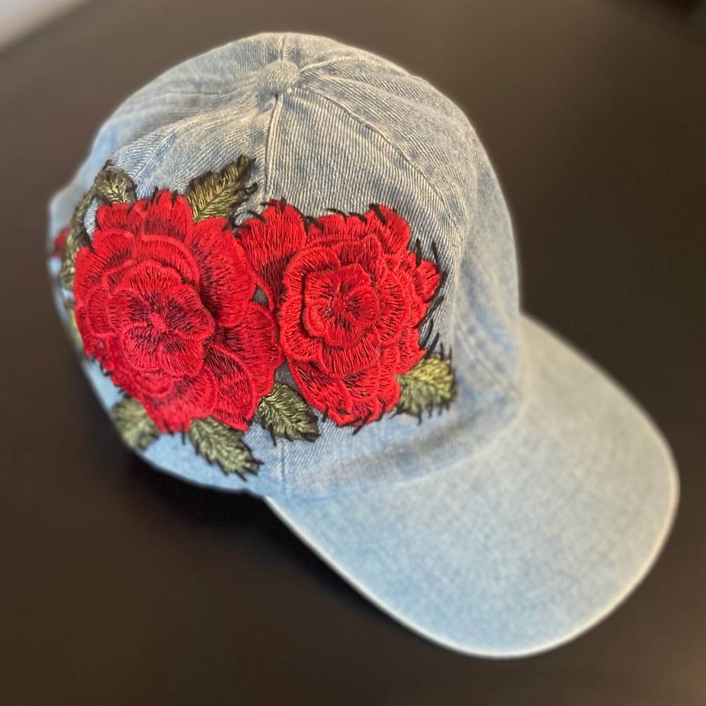 Denim jean hat with hand sewn 3D Rose decor